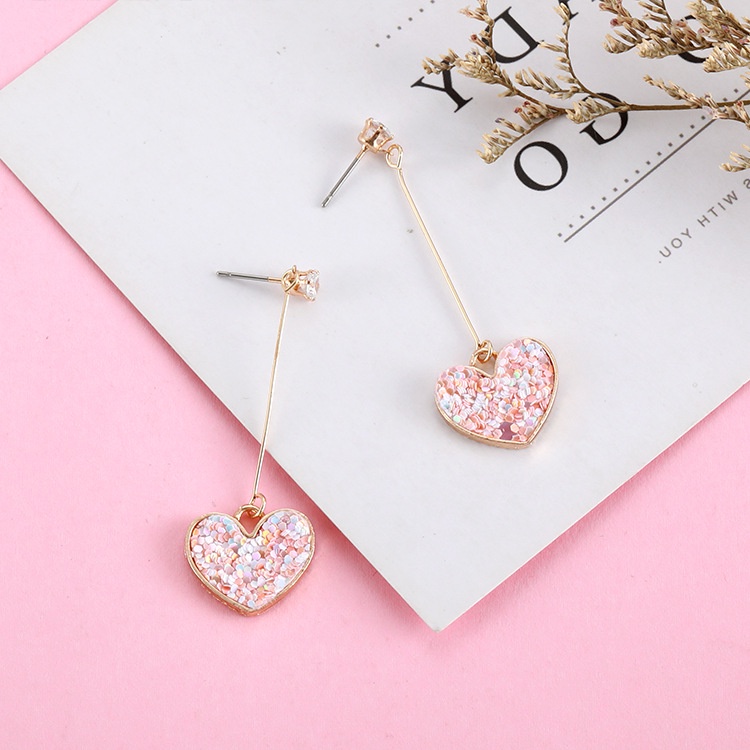 Sterling silver jarum Korea hipster pink payet cinta anting-anting hati manis zirkon peach jantung p