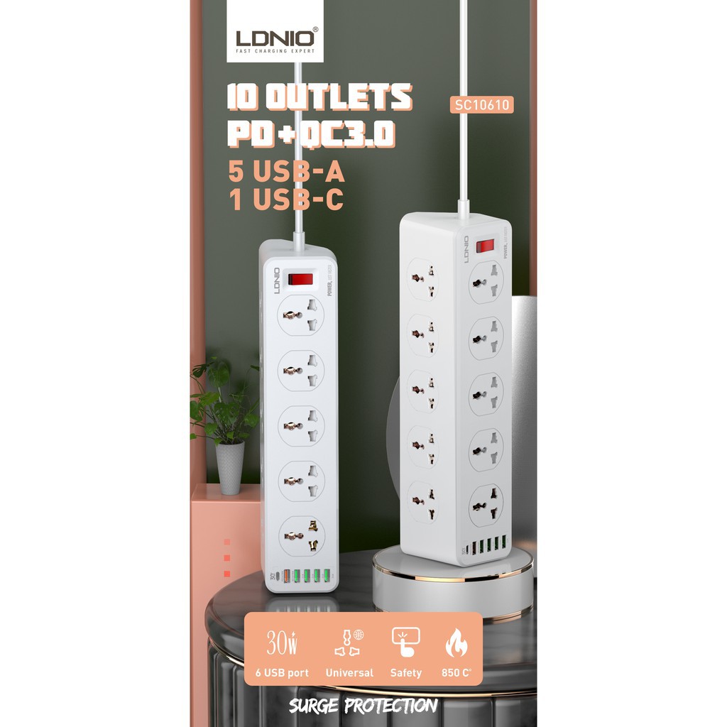 LDNIO Power Strip 10 Sockets + PD 3.0 + QC 3.0 Fast Charging SC10610