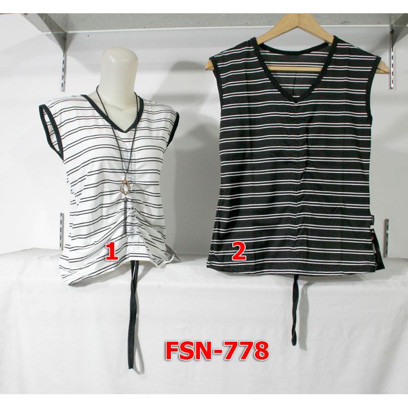 Kaos Wanita Tanpa Lengan Motif Salur Tali Kerut FSN778