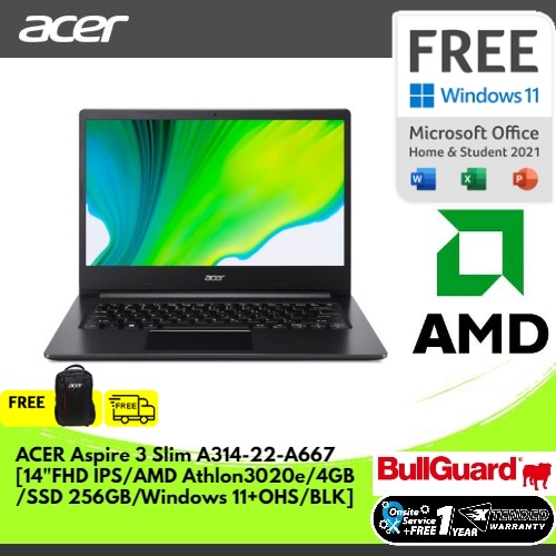 ACER ASPIRE 3 SLIM A314-22-A667/W [14"FHD IPS/AMD ATHLON3020E/4GB/SSD 256GB/WINDOWS 11+OHS/BLK] NX.H