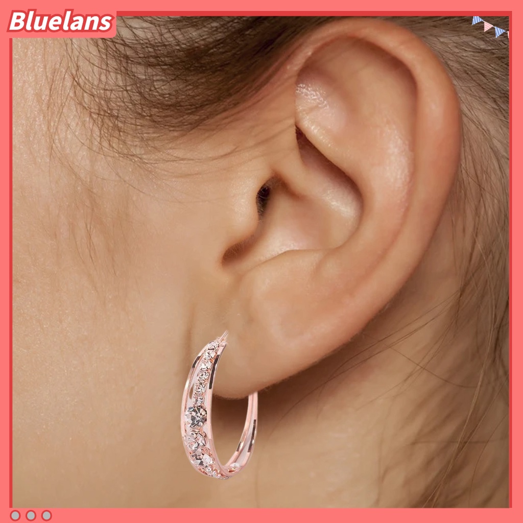 1 Pasang Anting Hoop Berlian Imitasi Bentuk Lingkaran Warna Rose Gold Untuk Wanita