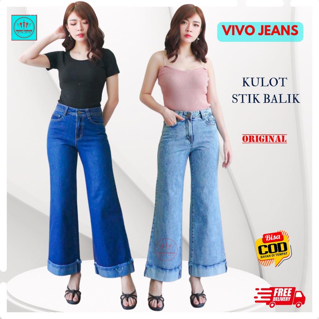 Vivo Celana panjang kulot stik balik jeans wanita, remaja, dewasa kulot polos kekinian original