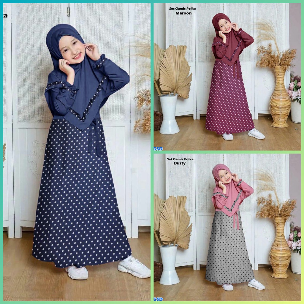 Set Gamis Polka/setelan gamis anak/setelan syari anak/setelan muslim anak/set gamis anak