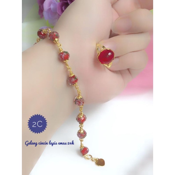 JUL) Set Perhiasan Lapis Emas 24 Karat Xuping Gelang Rantai Batu Permata Cincin Giok Merah Titanium