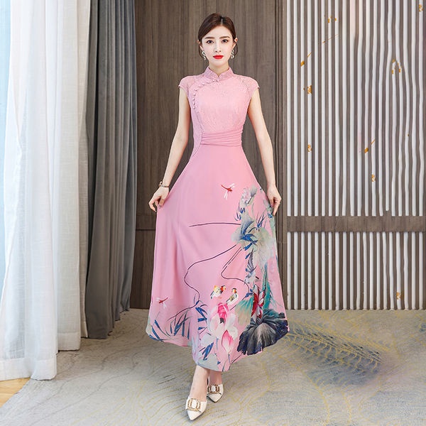 2021 summer new Chinese style improved cheongsam retro mother's printed lace stand collar slim dress