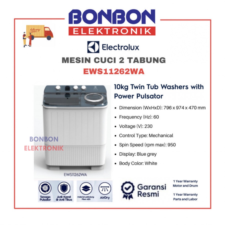 Electrolux Mesin Cuci 2 Tabung 10KG EWS11262WA / EWS 11262 WA / 11262WA