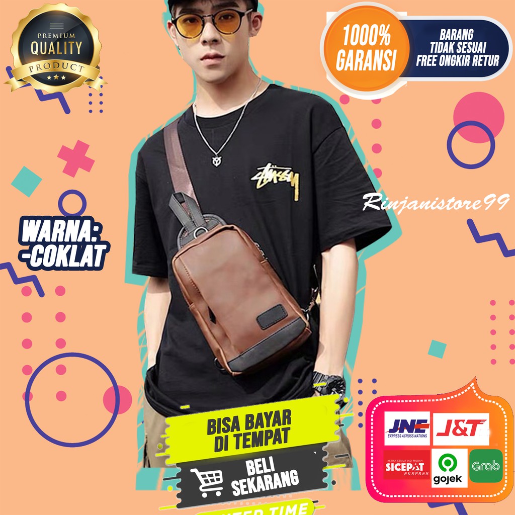 Tas Selempang Kulit Pria Sling Bag Cowok Premium Waist Bag New Branded Import Asli Termurah F123