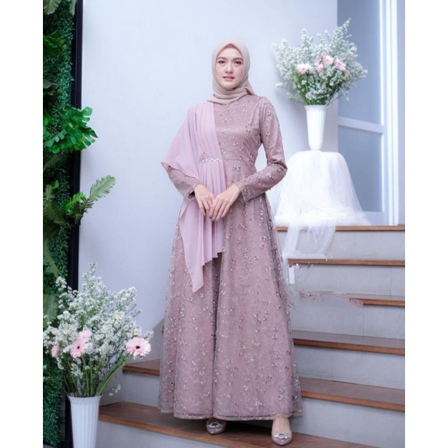 MAXI DRESS RAYA - DRESS BRUKAT TULLE KEKINIAN - OUTFIT KONDANGAN - SERAGAM BRIDESMAID - GAMIS BROKAT TILLE - DRESS PESTA BRUKAT - RAYA DRESS