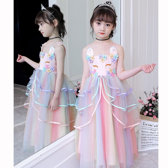 Anak Unicorn Party Dress + Sayap + Headband 3 pcs set Gadis Halloween Kostum Hadiah Ulang Tahun untuk Anak-anak