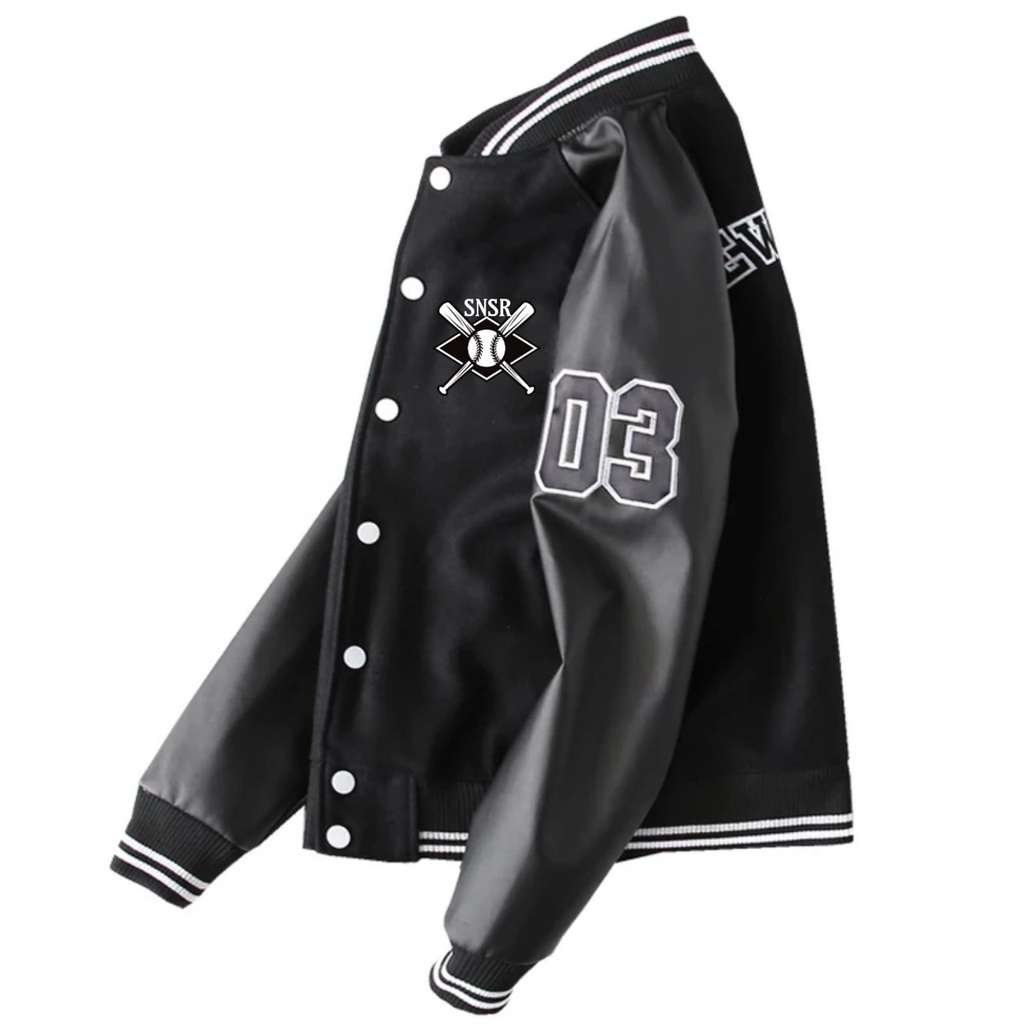 FAR.co Jaket Baseball Varsity Kombi Kulit Hitam - Jaket Varsity Hitam Katun FLeece - Jaket Baseball 
