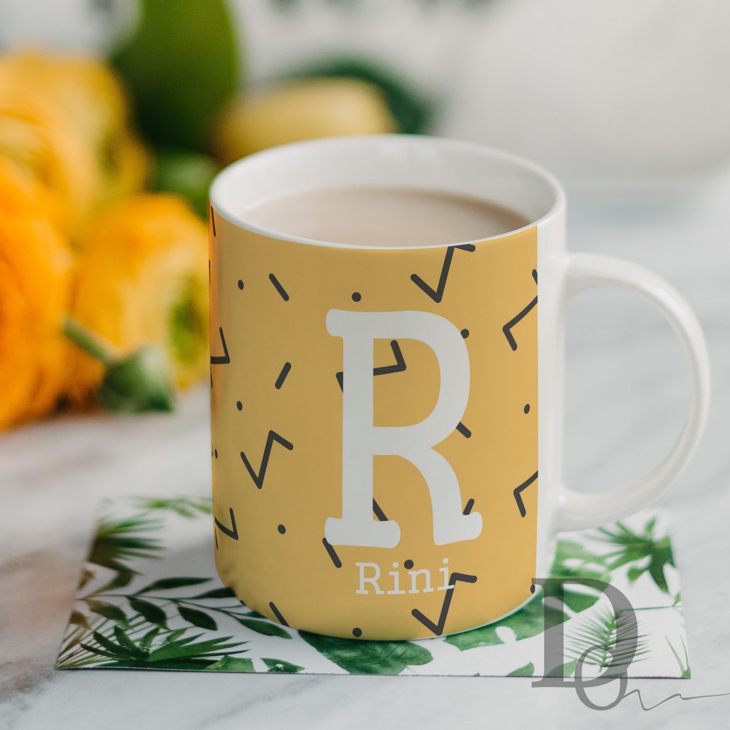 Mug Cangkir  Gelas Pattern Polkadot Kuning Cantik Inisial 