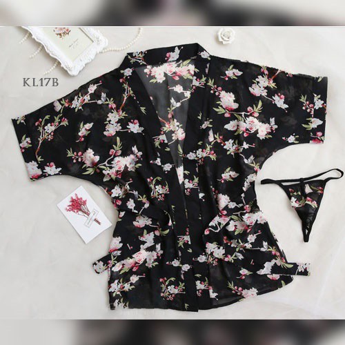 [PRODUK TERLARIS] LINGERIE KIMONO BAJU TIDUR KIMONO PIYAMA KIMONO FLORAL HITAM KL17B