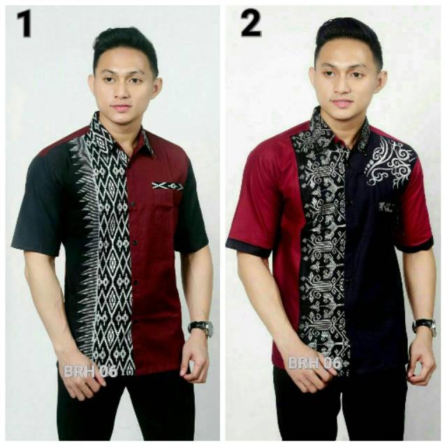 BRH 06 KEMEJA PRIA LENGAN PENDEK HEM BATIK SOPAL BORDIR KOMBINASI TWOTONE MERAH MAROON HITAM TERBARU