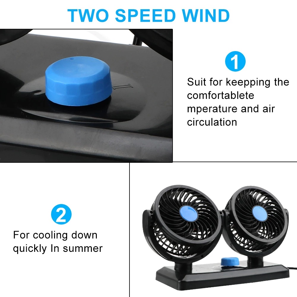 [12V 24V 360° All-Round Adjustable Speed Car Auto Air Cooling Dual Head  Fan] [Low Noise Car Auto Cooler Air Fan]