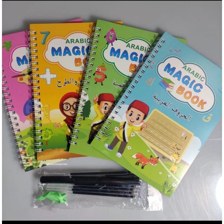 

YLO -- Arabic Magic Book Set isi 4 Bonus Pulpen Magic Ajaib dan Refill 5 pcs | 4 Pcs Reusable Magic Copy Book Writing Groove Arabic Alphabet Wordpad | Boom calligrapic Practice Toy | Buku Latihan Menulis Kaligrafi Bahasa Arab untuk Anak
