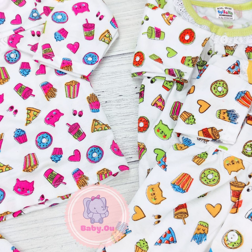 Setelan Bayi Panjang Motif PIzza / Setelan Piyama Bayi Perempuan / Baju Bayi Panjang Merk Syifana