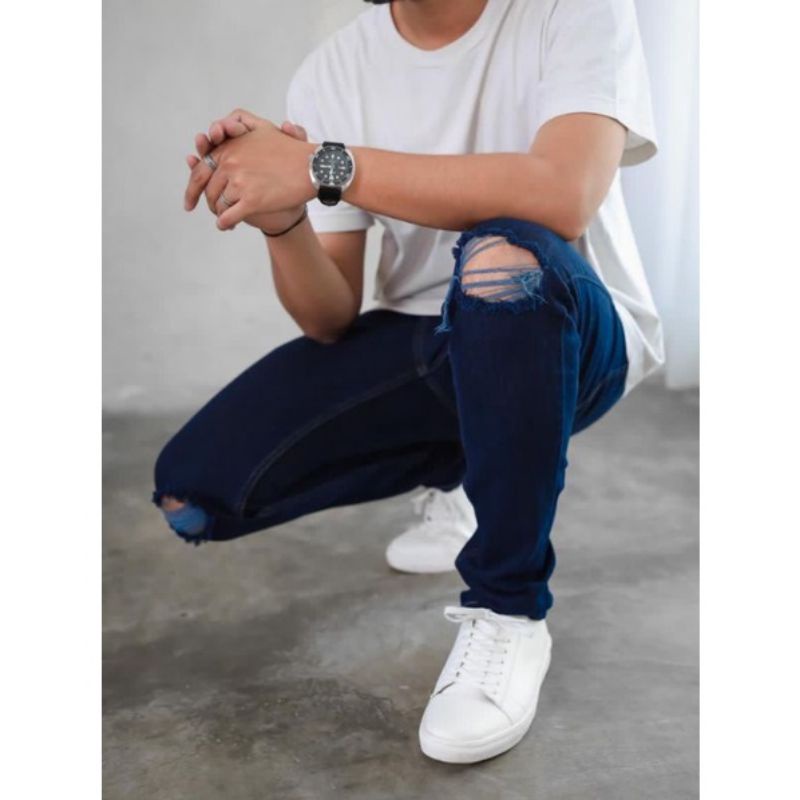 Celana Jeans sobek lutut robek rippet hitam destroy premium-1