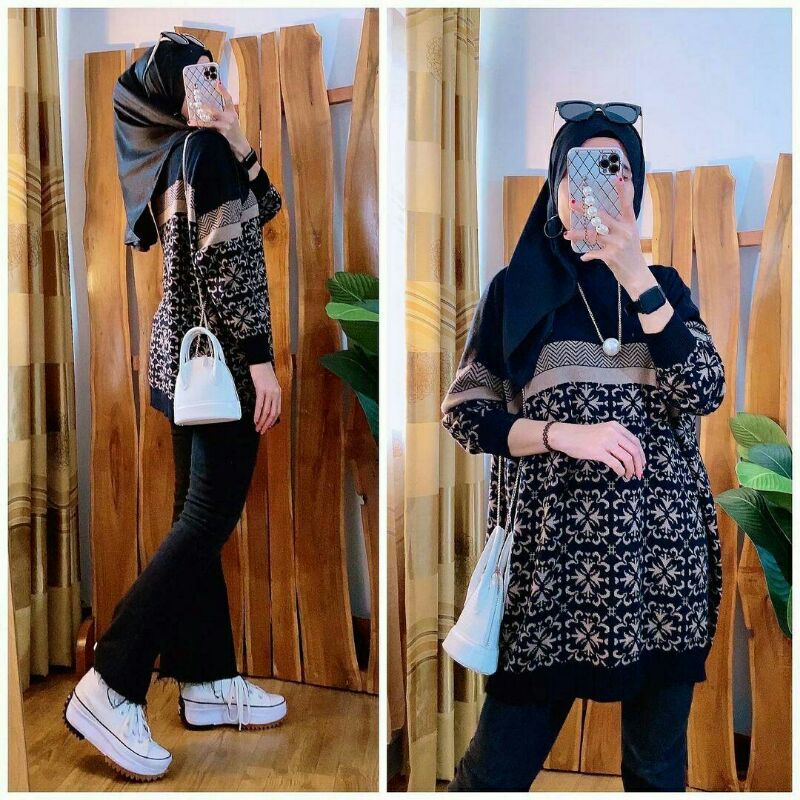 Tunik etnik jumbo warna coklat hitam milo black atasan tunic cewek Rajut panjang fashion jumbo kekin