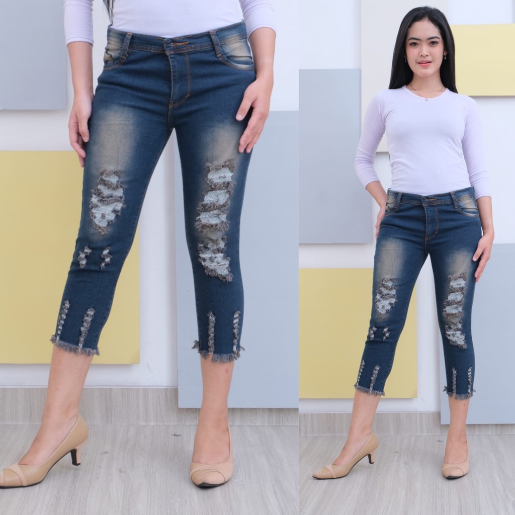 JENNER JEANS 7/9 WANITA SOBEK // CELANA JEANS RIPPED WANITA 7/9