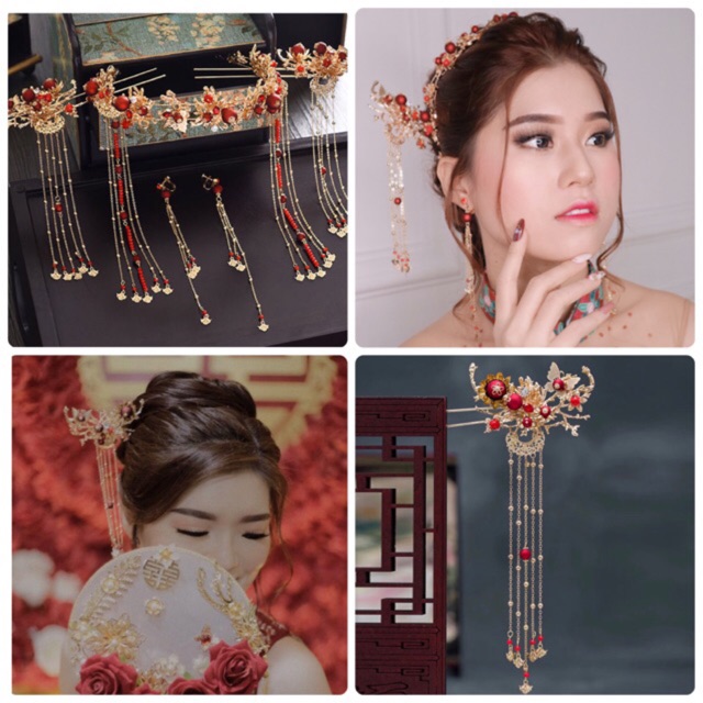 Akane Chinese Hairpin set konde cina oriental sangjit engagement merah headpieceku tusuk konde