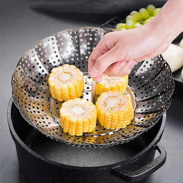 Alat Kukus Stainless Steel Flexible 14cm to 21cm / Kukusan Serbaguna / Nampan Pengukus Makanan Panci Lipat Tray Retractable / Tatakan Kukusan Serbaguna Kembang Kol