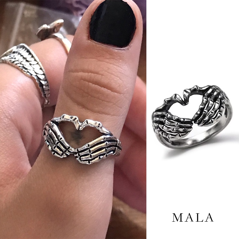 Cincin Bentuk Tulang Tangan Bahan Metal Warna Silver Gaya Korea Untuk Unisex