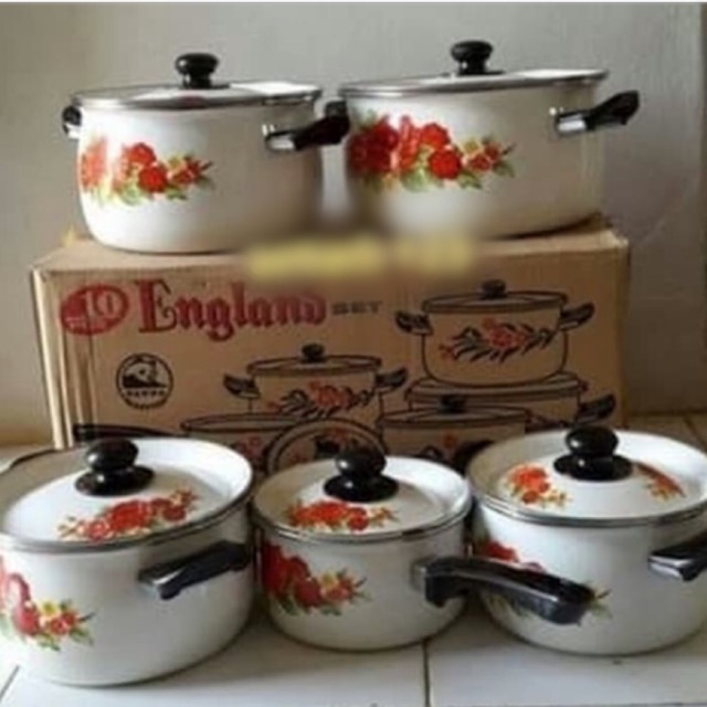 10 Pcs Set (Panci + Tutup) Enamel Maspion England Set