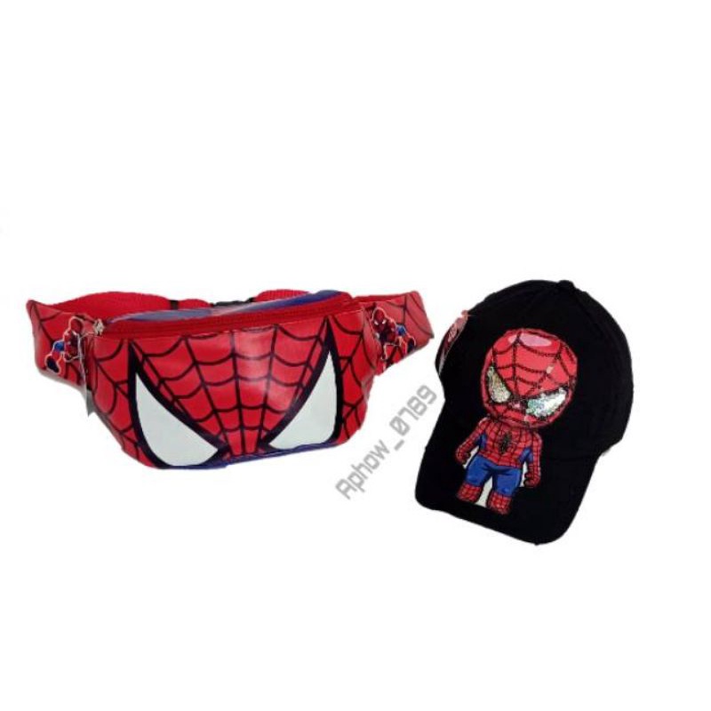 Paket 2IN1 Waistbag anak Spiderman dan topi LED Spiderman