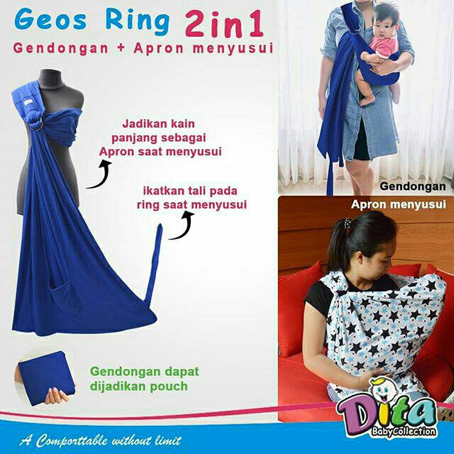 Geos Ring 2in1 gendongan Kaos ringsling dan APron menyusui geos spandek premium Motif babysling