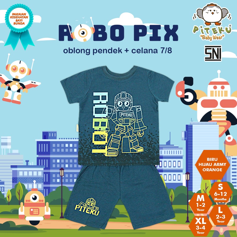 PITEKU SETELAN OBLONG LENGAN PENDEK + CELANA PENDEK 'ROBOPIX' 4-5Y