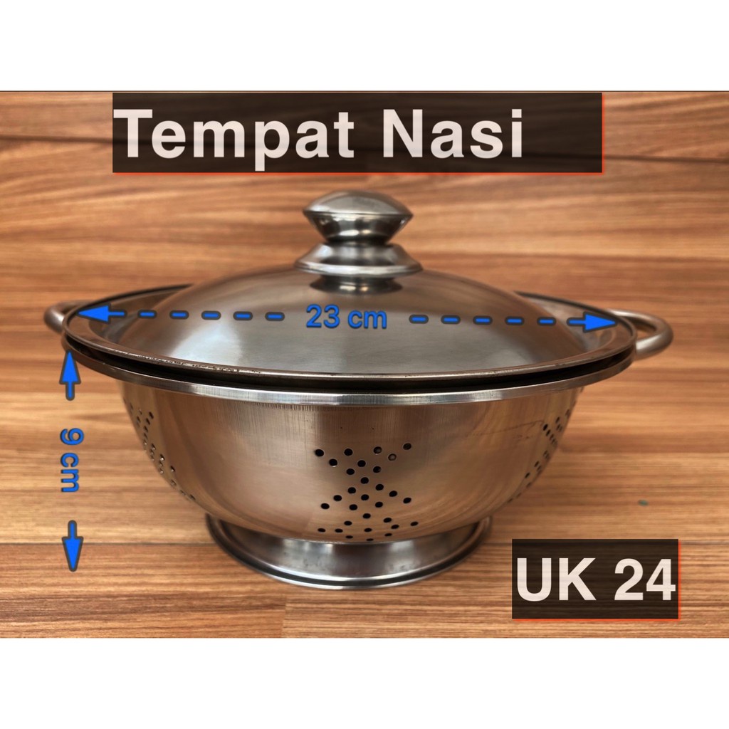TEMPAT NASI + TUTUP STAINLESS STELL 22 CM / 24 CM / CETING NASI STELL /Deep Collander Stainless/WAKU