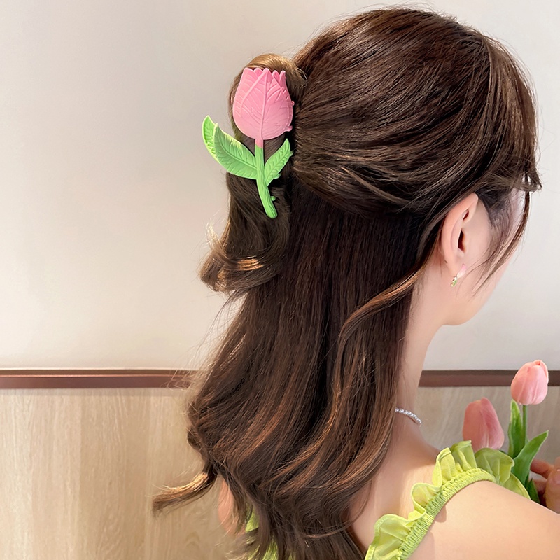 Jepit Rambut Bentuk Bunga Tulip Warna Pink Gaya Korea Untuk Wanita