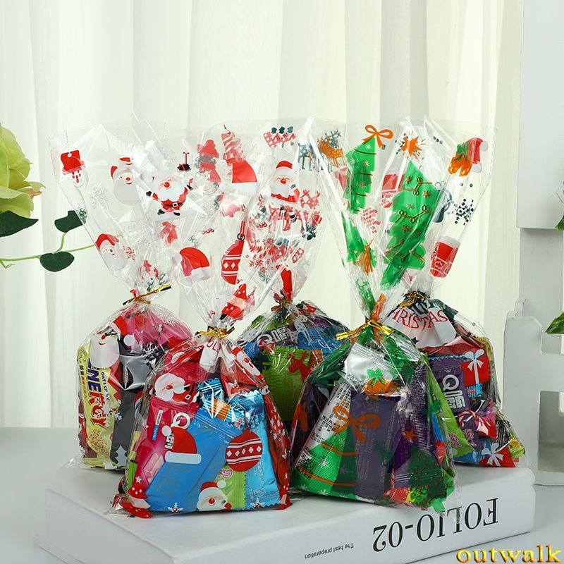 50pcs Santa Claus Christmas Tree Elk PVC Bags Transparent Clear Gift Bag for Christmas Gift Baking Candy Cookie Package OW