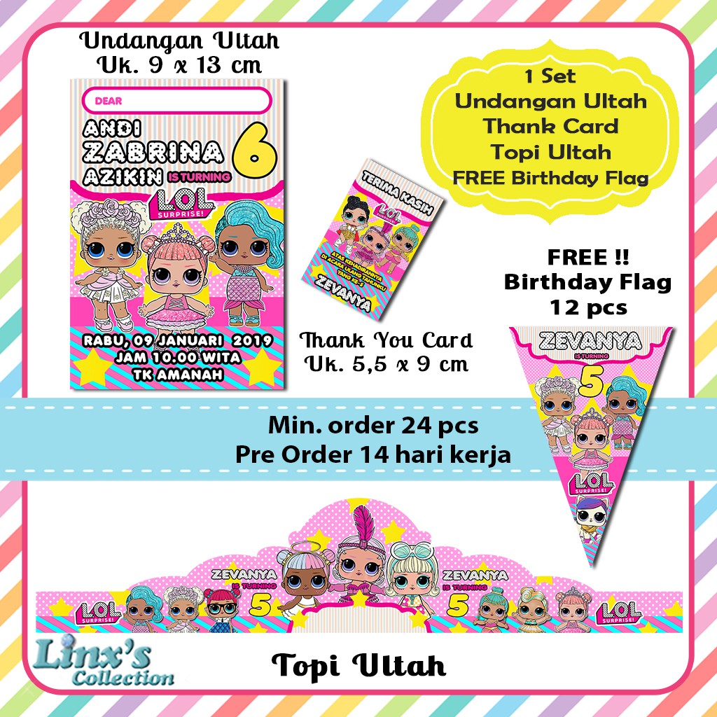 1 set undangan Ultah Anak /Kartu souvenir/topi ulang tahun ...