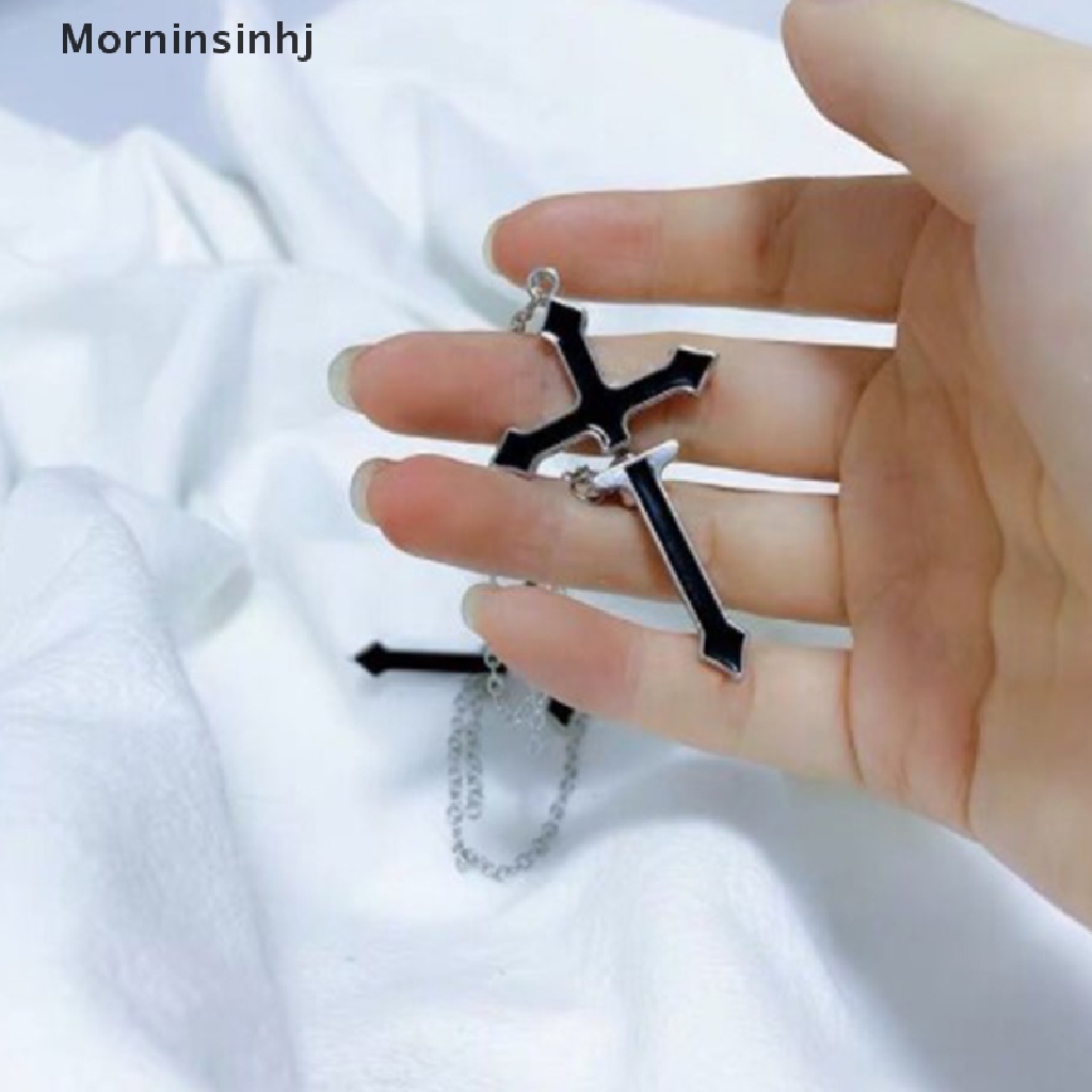 Mornin Anting Fashion Punk Black Cross Drop Untuk Remaja Vintage Rock Pride Rantai Panjang id