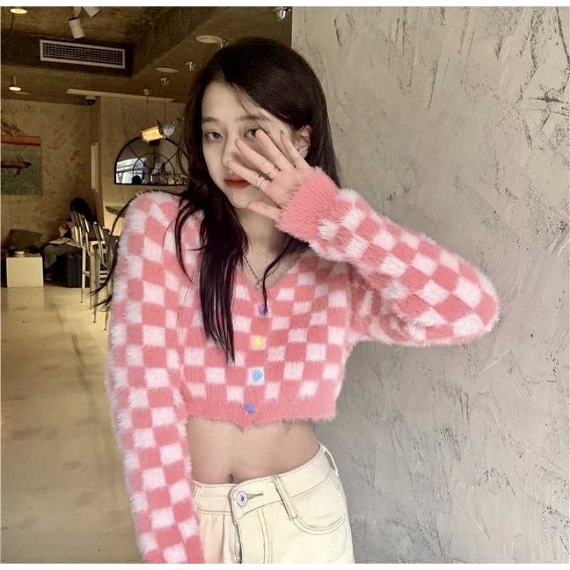 Roman Furry Cardigan bulu knit cardigan rajut cardigan crop top button cardy outer wanita knit korea