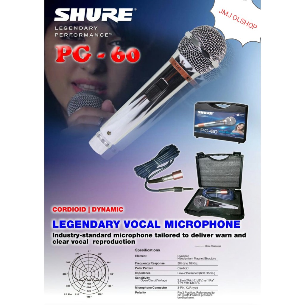 MIC SHURE PG60 + koper free kabel mic kabel shure pg 60 mic kabel microphone mic vocal shure