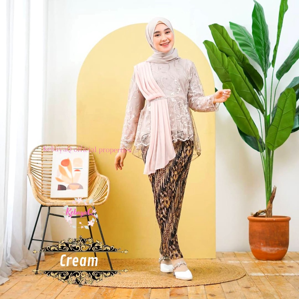 KQ> KEBAYA MODERN AUREL SELENDANG CERUTY-1 SET CREAM