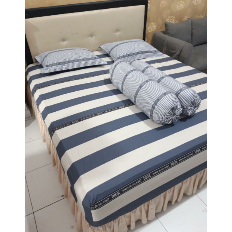 SPREI karet sudut katun Jepang  terlaris homemade motif Dior garis