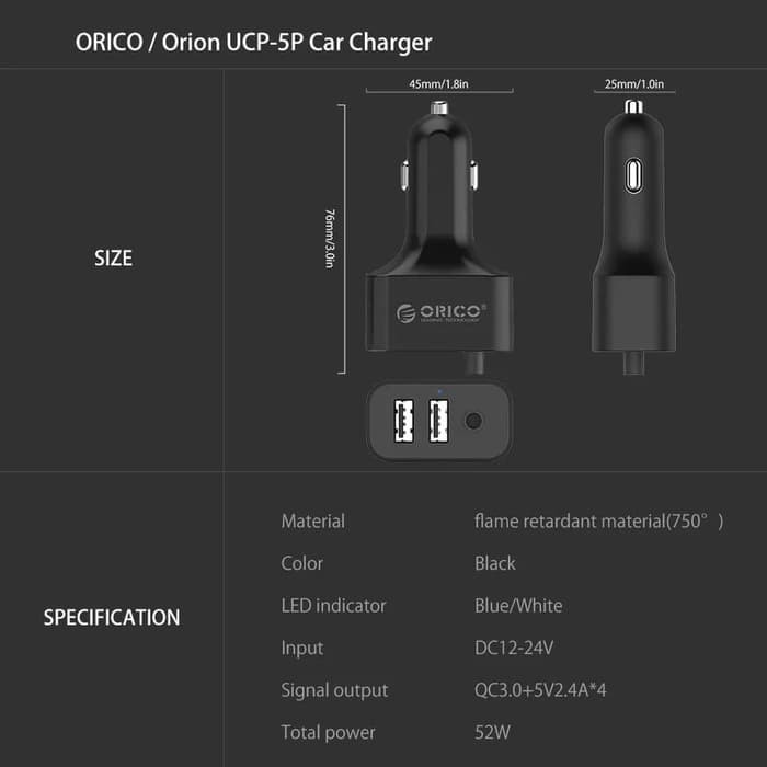 NA - Charger Mobil Orico 5 USB With Extension USB Port QC 3 UCP5P