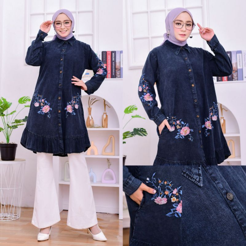 TUNIK JEANS PUTIH BORDIR MOTIF BUNGA PREMIUM