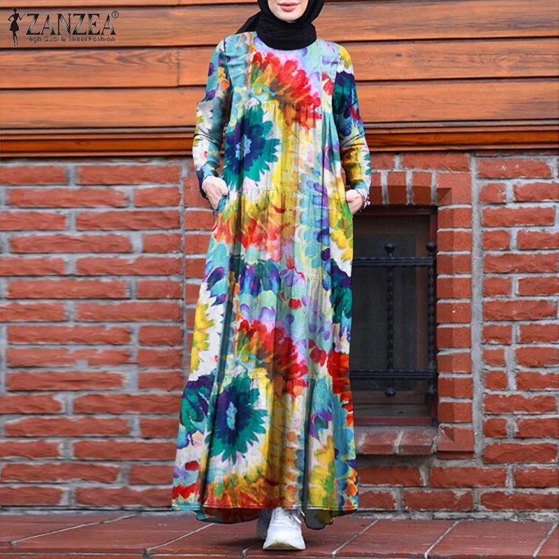 ZANZEA Women Long Sleeve Back Zipper Multi-Color Muslim Long Dress