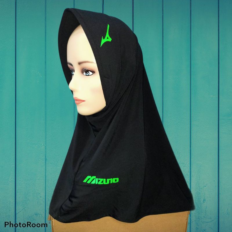Hijab Sport Hijab Instan Sport Kerudung Olahraga Volly, Bersepedah, Joging Berlogo MIZUNO-Hitam lis hijau