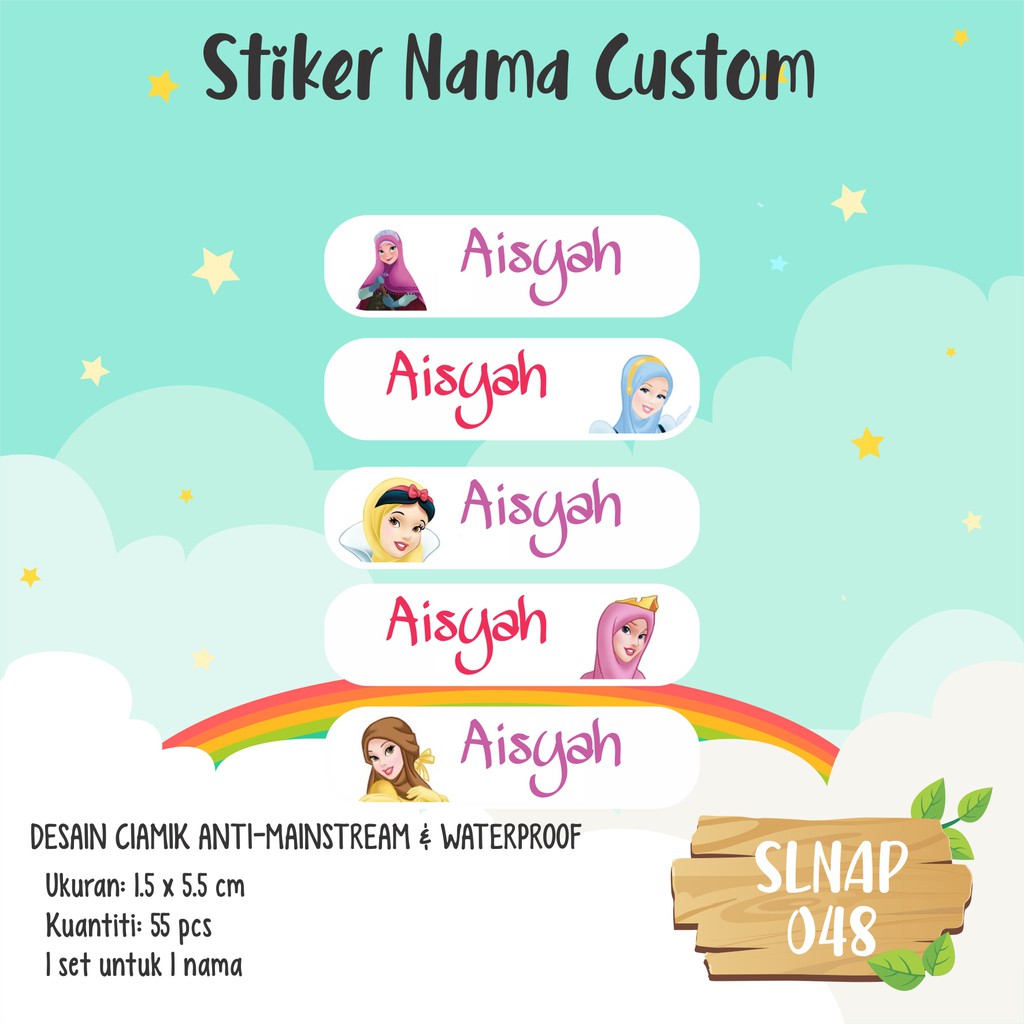 SLNAP 048 Sticker Label Nama Anak Kartun Princess Muslim Puteri Girl Cewek Perempuan