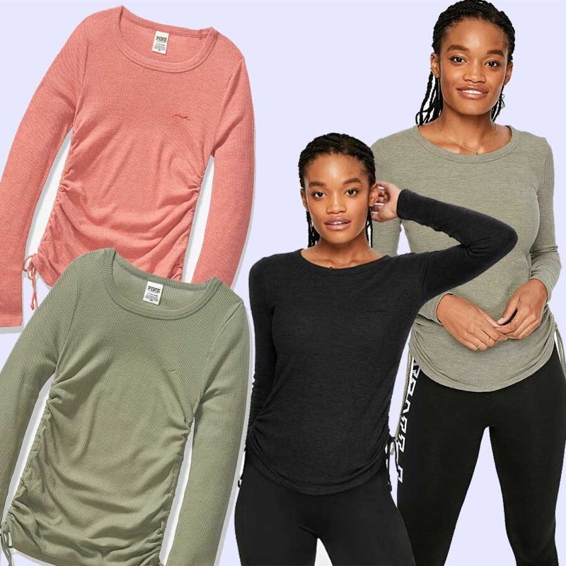 lovemecorner VICTORIA SECRET WAFFLE KNIT RUCHED TOP BAJU KAOS WANITA LENGAN PANJANG CASUAL STRETCH