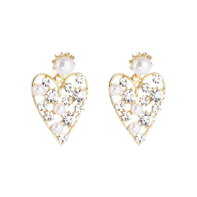 LRC Anting Tusuk Fashion Golden Carved Alloy Earrings With Rhinestones And Pearls D94373