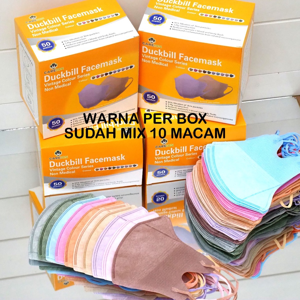 Masker Duckbill BOX ISI 50 Dewasa KN95 Mask 3Ply Hitam Putih Abu Earloop Non Headloop Hijab