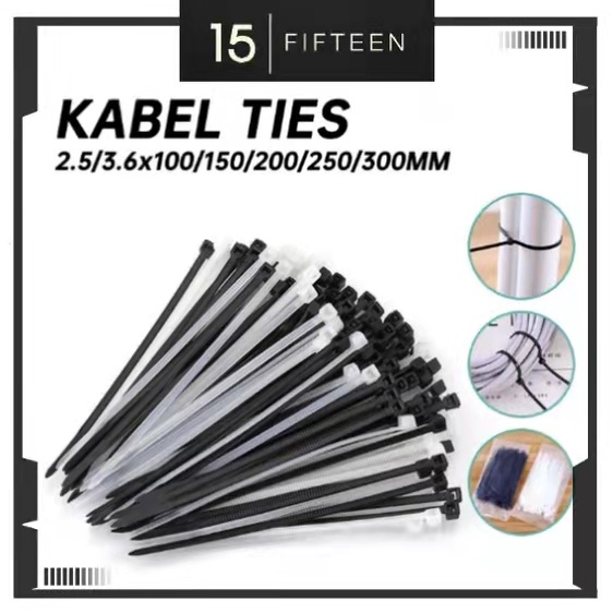 15 SHOP --- Kabel ties 2.5/3.6x100/150/200/250/300mm Warna PUTIH/HITAM 1PACK Isi 100PCS