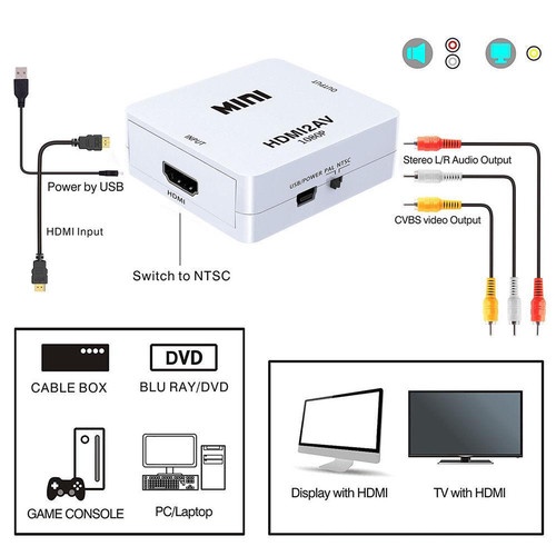 HDMI Mini To AV Converter Adapter High Definition 1080P Plug &amp; Play 3 colokan RCA Box