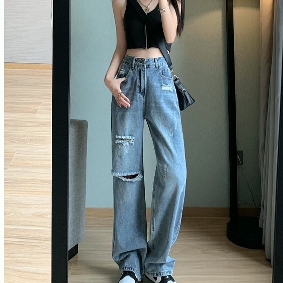 jeans import boyfriend celana wanita ripped highwaist panjang kekinian 2023 korean style ootd